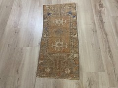 Neutral Turkish Runner Rug 1.4×3.3 Ft Handmade Vintage Wool Hall Carpet