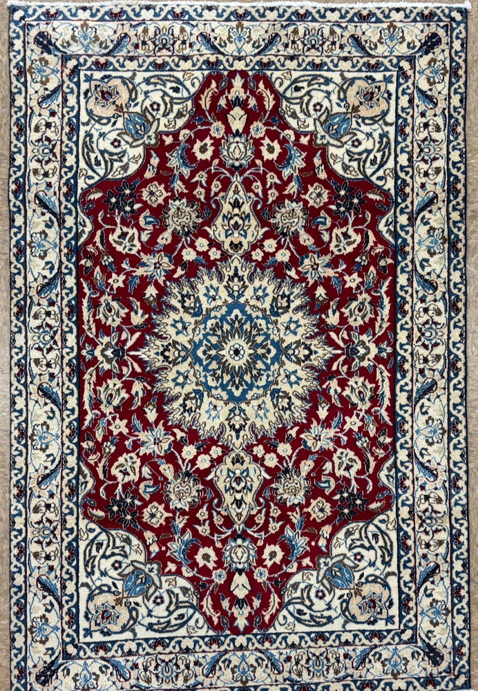 Vintage Nain Hand Knotted Wool Oriental Rug 4x6 Red Ivory Floral Area Rug Decor