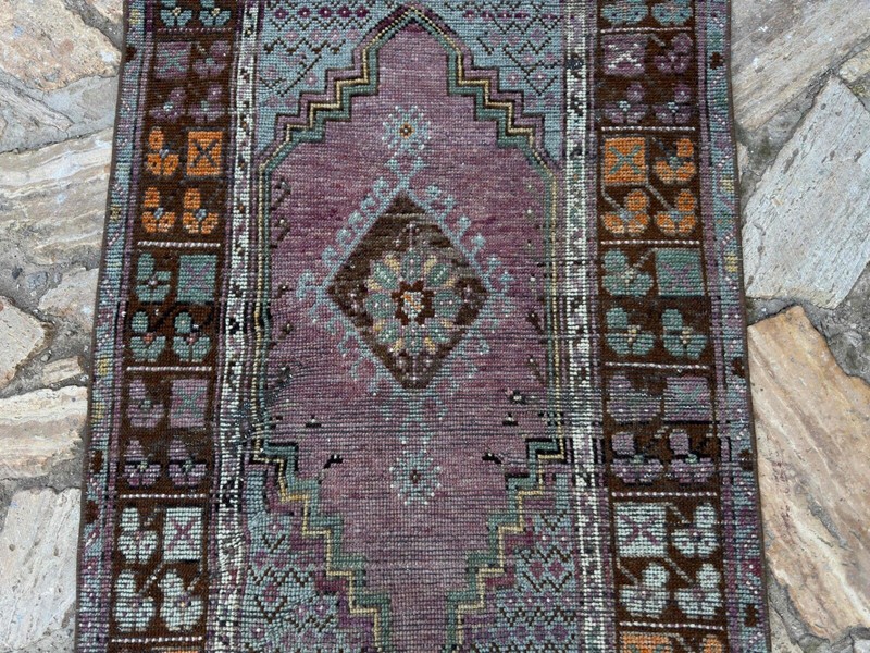 Hand-Woven Turkish Area Rug 2x4 Pale Purple Wool Distressed Carpet Medium Size gallery