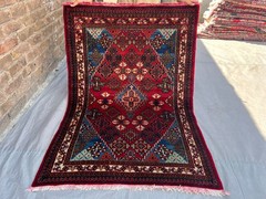 3’4″ x 4’9 Antique Turkish Inspired Tribal Geometric Medallion Red Blue Area Rug