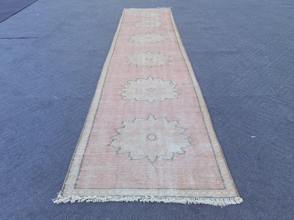 Vintage Turkish Oushak Runner 2x10 ft Hand Knotted Wool Red Cream Charcoal Boho