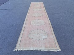 Vintage Turkish Oushak Runner 2×10 ft Hand Knotted Wool Red Cream Charcoal Boho