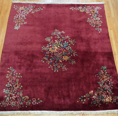 8′ x 9’6″ Antique Art Deco Chinese Hand Knotted Wool Red Floral Oriental Rug