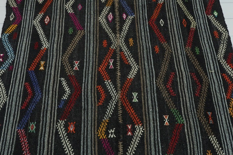 Anatolia Turkish Tribal Kilim Embroidered Black Gray Rug Wool Floor Rug 55"x108" gallery