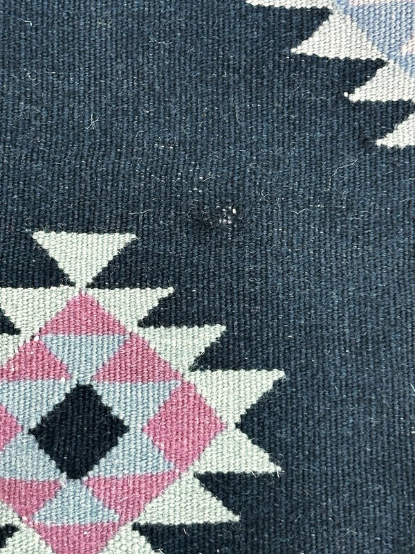 Vintage Wool Dhurrie Rug Handwoven Geometric Patterns Purple On Black “AS IS” gallery