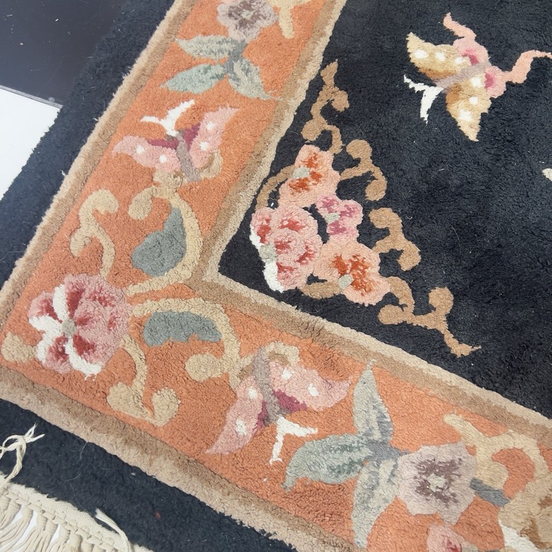 Vintage Art Deco Reproduction Chinese Wool Rug Floral Butterflies Black gallery