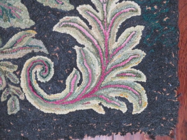 Old Antique FLORAL HOOKED WOOL RUG Aubusson Style Design Pink Flowers 67 x 36 gallery