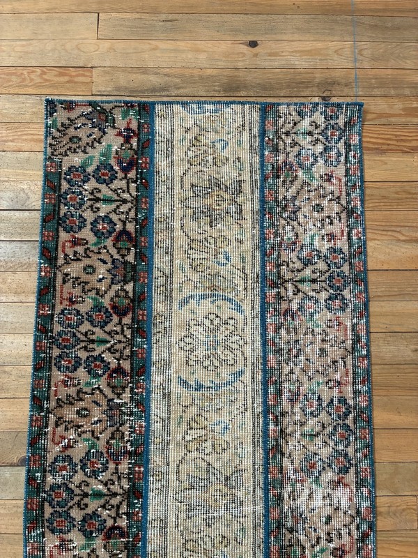 Vintage Turkish Patchwork Rug 2x8 Beige Cream Blue Wool Hand Knotted Runner gallery
