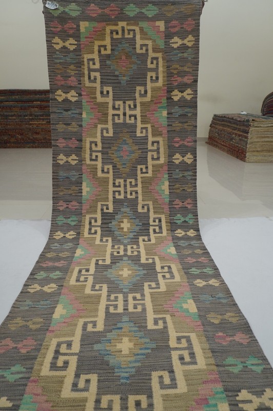 3 x 16 ft Gray Afghan Hand Woven Wool Reversible Tribal Runner Rug 2'10x16'4" gallery
