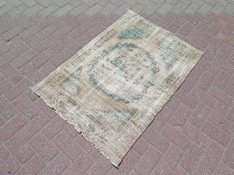 Small Vintage Turkish Distressed Carpet, Handwoven Beige Modern Door Mat 32"x46" gallery