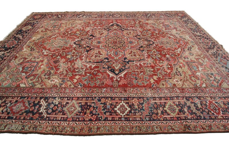 Antique 8x11 Handmade Wool Rug Red Blue Ornate Medallion Design circa 1900 gallery