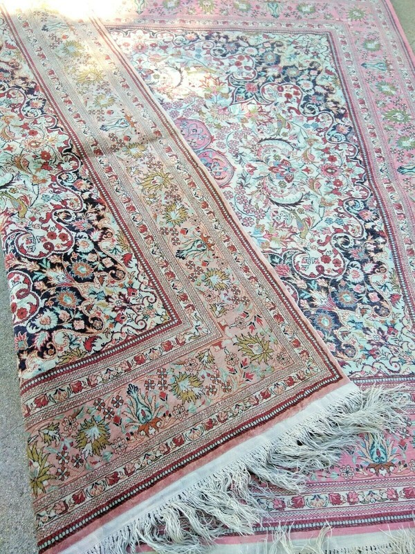 Antique 1970s EXQUISITE Fine Masterpiece Silk oriental square rug 4x4 gallery