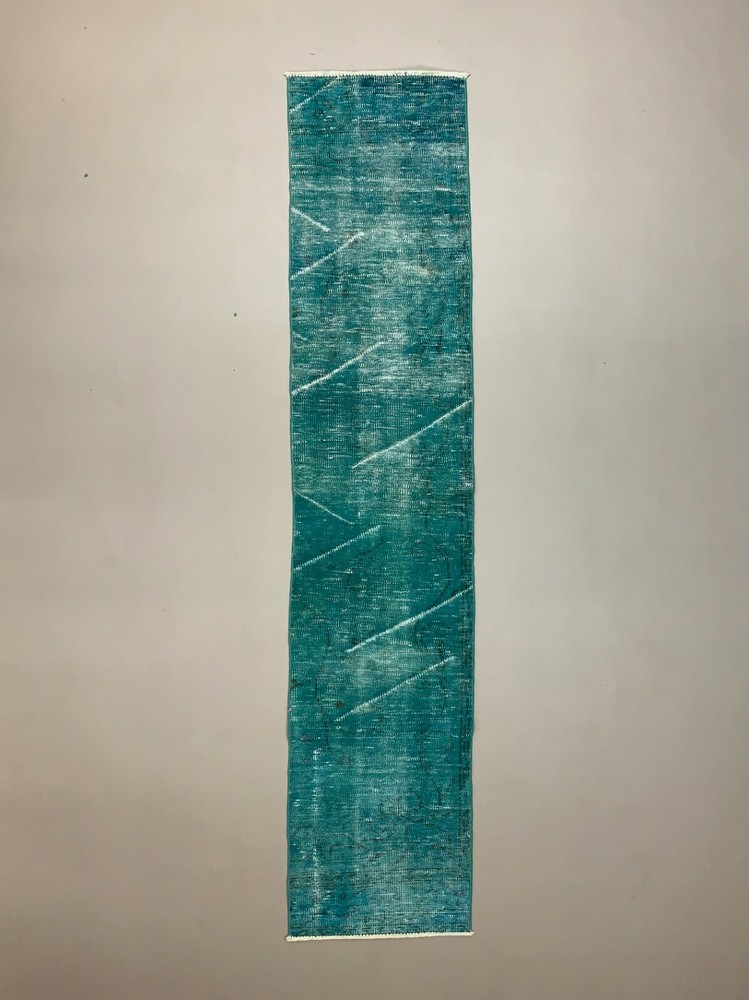 Distressed Turkish Narrow Runner 255x55 cm wool Vintage rug, Overdyed Blue