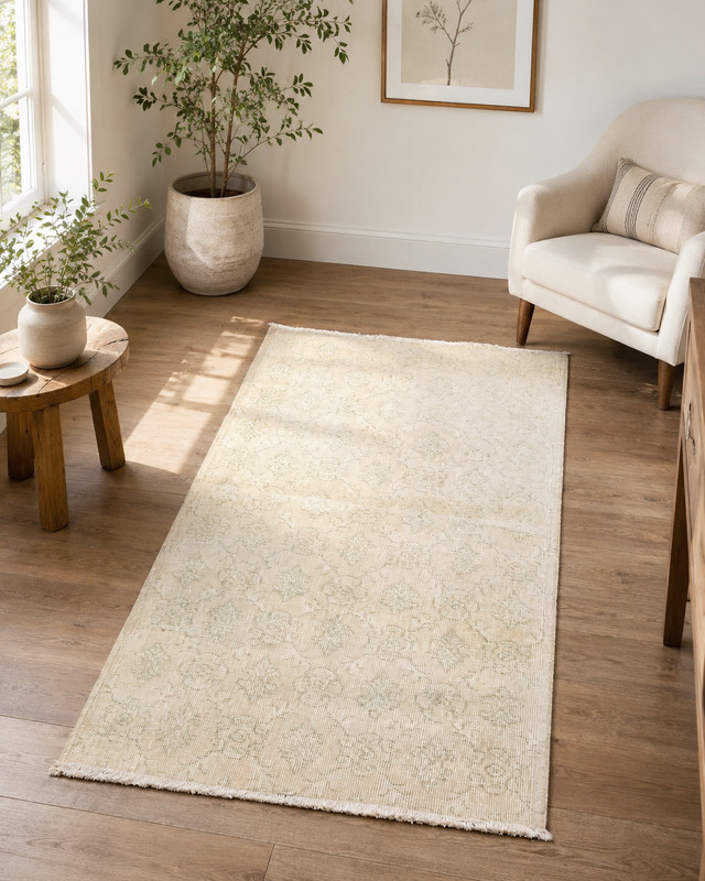 Vintage Turkish Area Rug Hand Knotted Wool Beige Cream Home Decor Carpet gallery