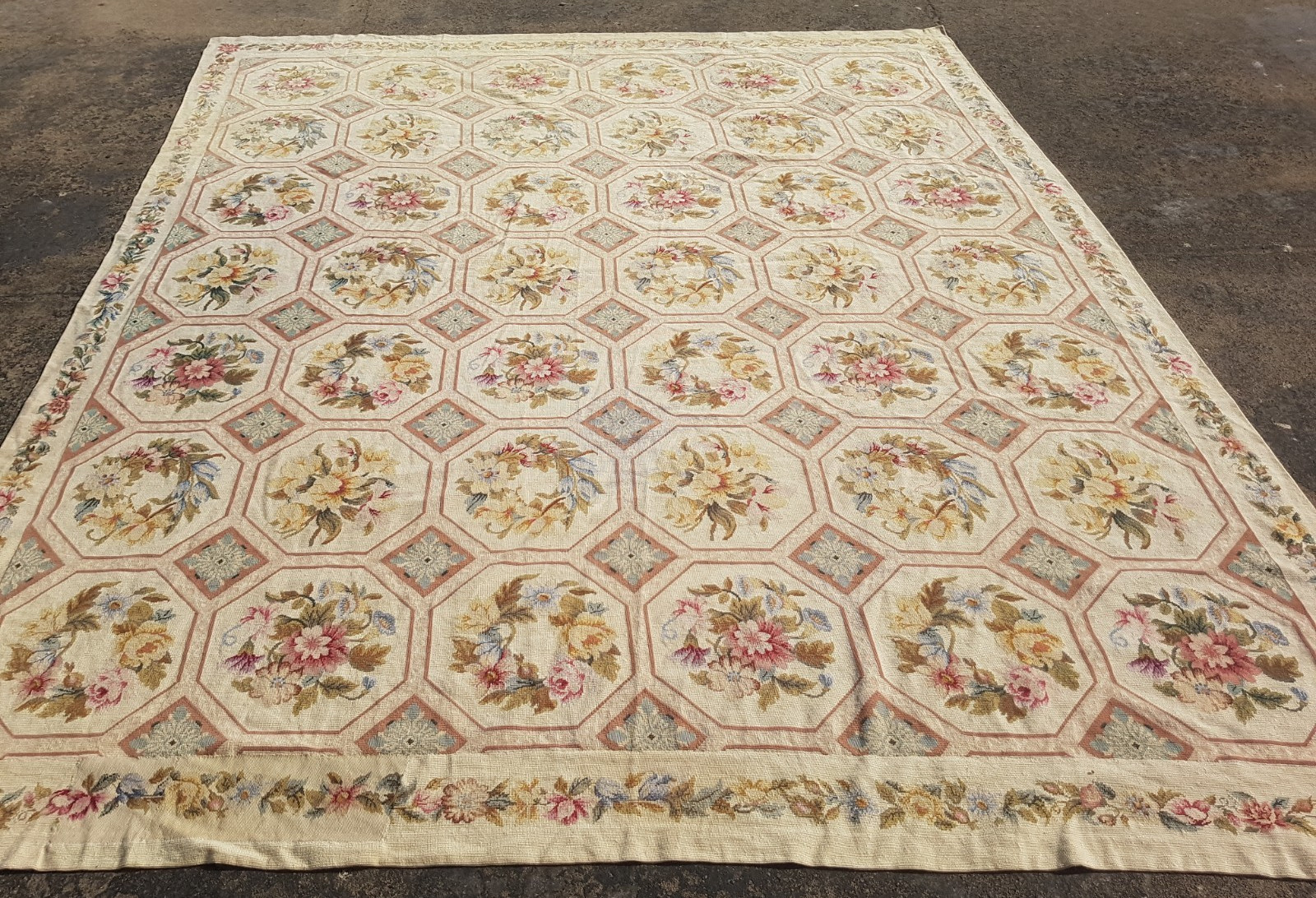 Vintage French Floral Needlepoint Handmade Multicolor Rug Wool Carpet 315x270 cm gallery