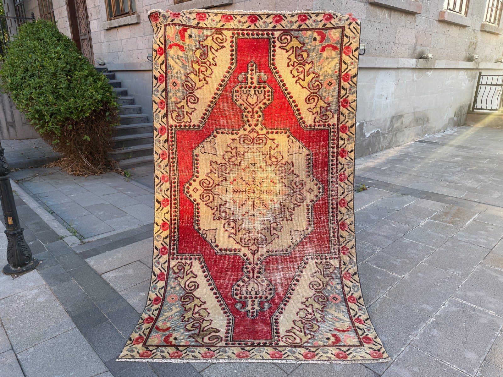 Vintage Turkish Wool Rug 4.4x7.4 Ft Red Ivory Geometric Handmade Carpet gallery
