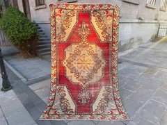 Vintage Turkish Wool Rug 4.4×7.4 Ft Red Ivory Geometric Handmade Carpet