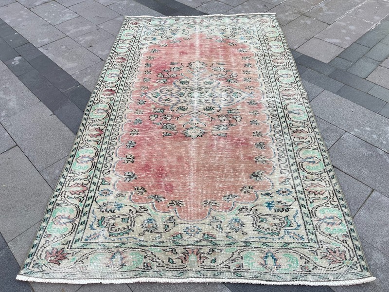 5x8 Vintage Turkish Oushak Rug, Pink Medallion Distressed Wool Area Rug gallery