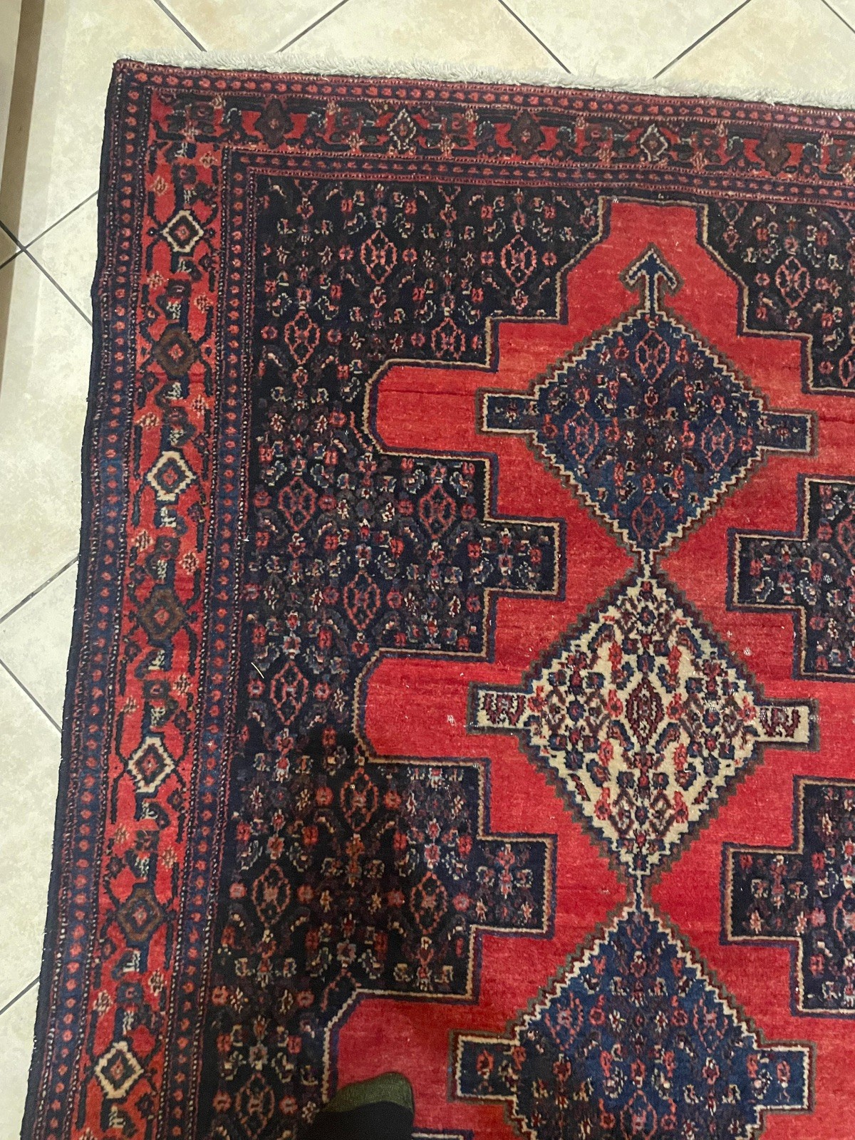 Antique Kurdish Senneh Rug 4x5 | Wool | Navy & Red Geometric | Circa 1920s–1940s gallery