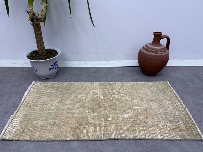 1x3 Hand-Knotted Wool Turkish Door mat, Beige Green Pink Vintage Small Rug gallery