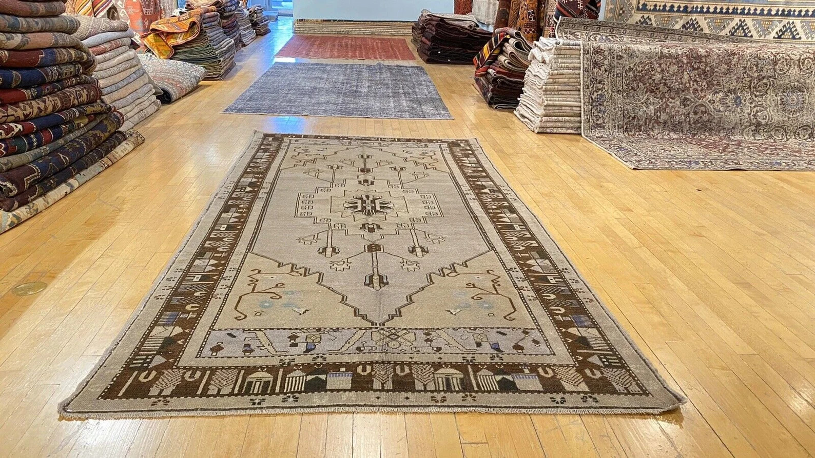 Antique 1939's Muted Colors Bohemian Oushak Nagorno-Karabahk Area Rug 4’7’8’7” gallery