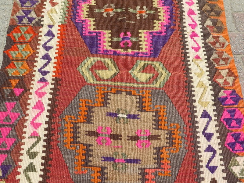Vintage Turkish Brown Orange Geometric Accent Rug Kelim Carpet 56"X34" gallery