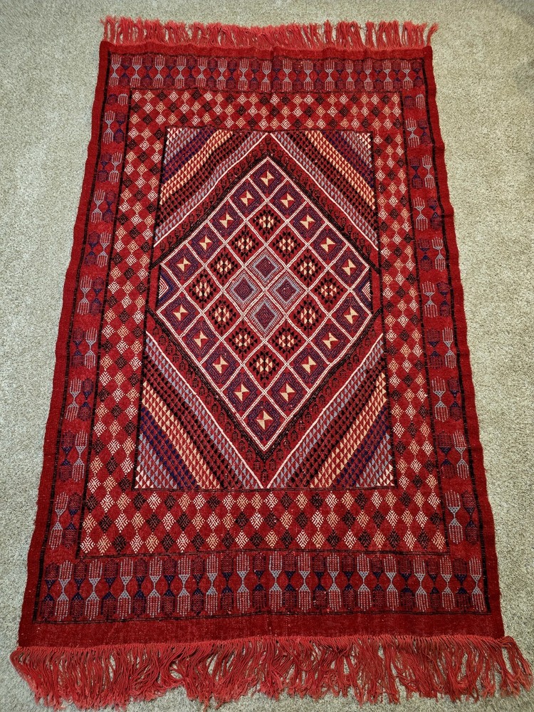 Vintage Tunisian Margoum Rug 53"x82" Handwoven Wool Red Geometric Carpet 2013