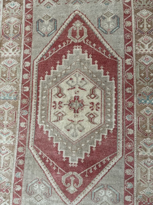 Vintage Hand Knotted Wool Oushak Rug, 3x6 Turkish Rug in Red Brown Beige Tones gallery