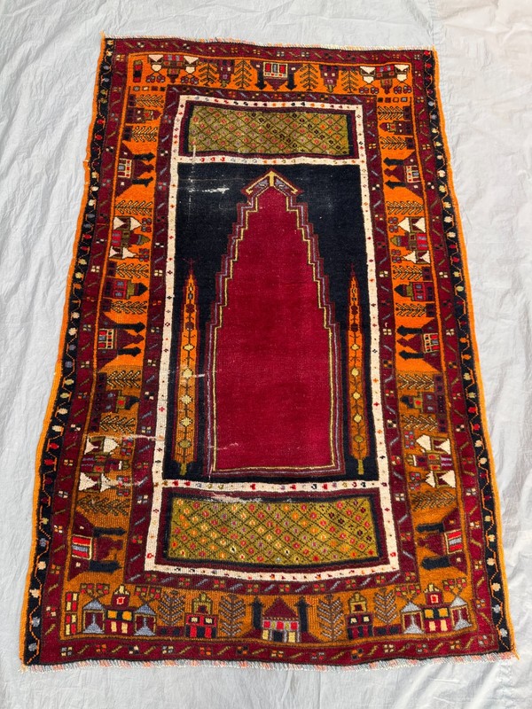 3'7x5'5 Antique Turkish Hand Knotted Rare Tribal Wool Rug, Geometric Pattern Rug gallery