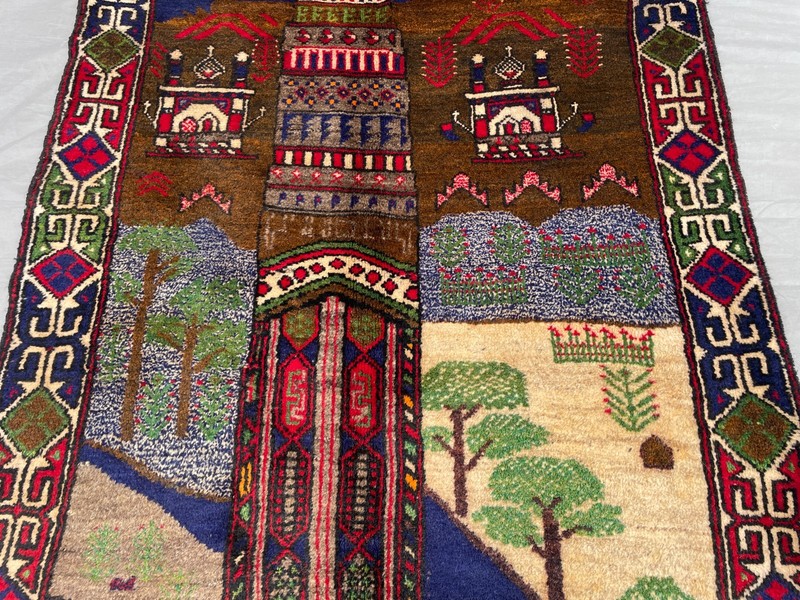 2'11x4'9 ft Vintage Afghan Pictorial HandKnotted Wool Minaret Landscape Area Rug gallery