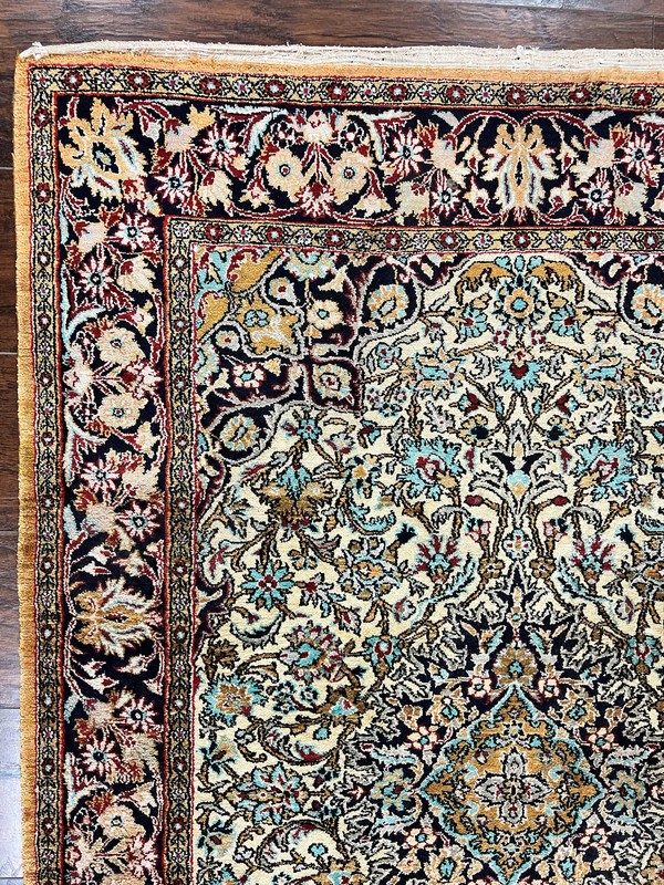 Silk Oriental Rug 4x5 Handmade Vintage Carpet Cream Navy Blue Very Fine 360 KPSI gallery