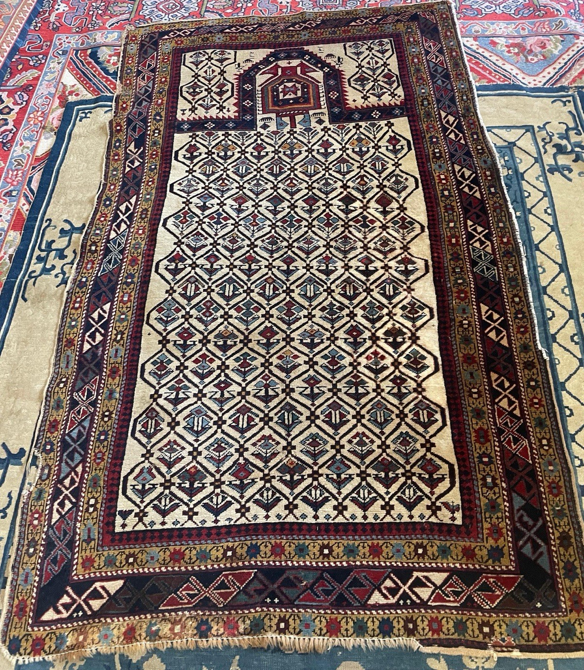 Antique Caucasian Dagestan Rug 1890 Hand Knotted Tribal Prayer 4x6 wool gallery