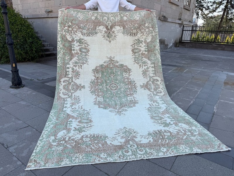 Vintage Turkish Oushak Rug 5.4x8.6 ft Muted Mint Green Medallion Wool Area Rug gallery