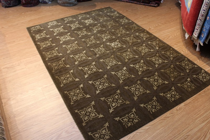 _TIBETAL_HANDMADE_WOOL_RUG_ Modern Design Olive green, gray, brown, beige 5X7 FT gallery