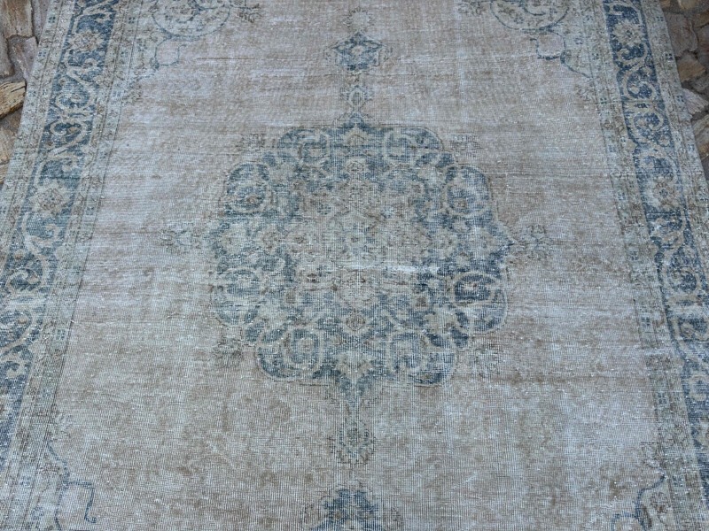Hand-Woven Medallion Turkish Rug 7x10 Blue Large Wool Carpet Muted for Saloon gallery