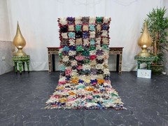 Moroccan Handmade Vintage Boucherouite Rug 2’8”x6’2” Checkered Multicolor Rug