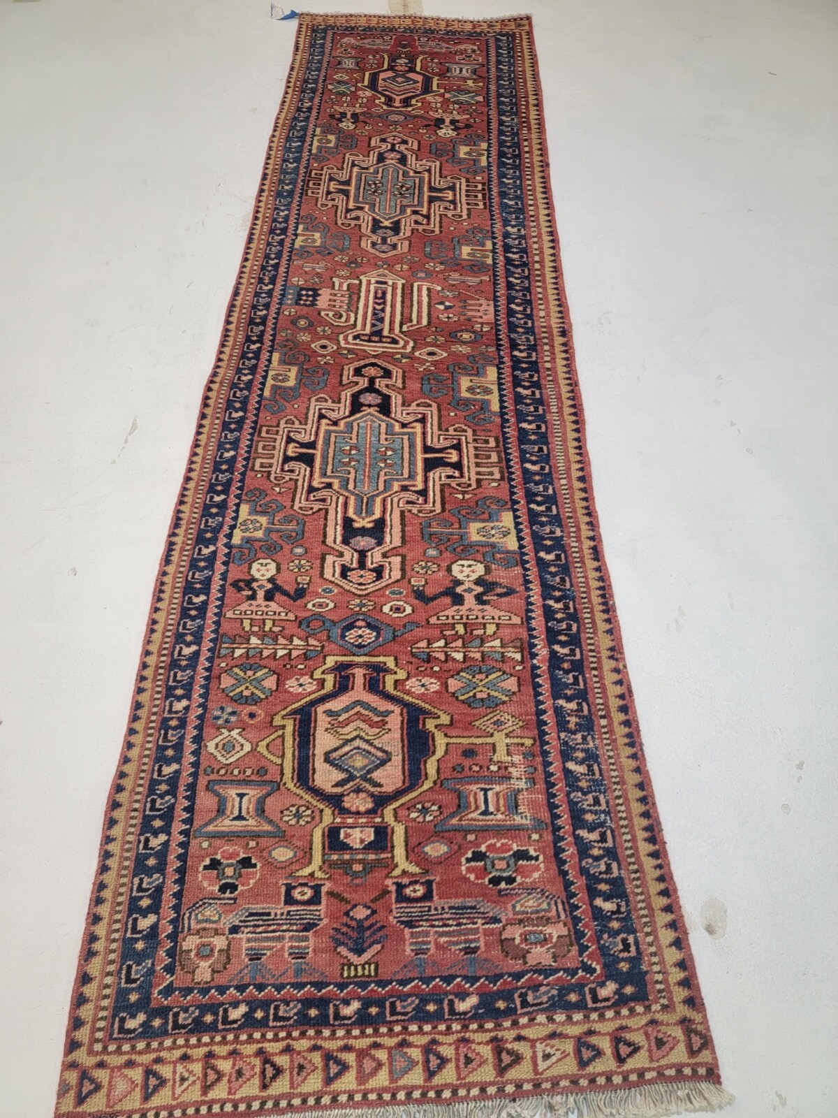 Antique Oriental Hand-Knotted Wool Runner Terracotta/Navy Blue/Beige 2'8" x 10'5 gallery
