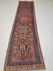 Antique Oriental Hand-Knotted Wool Runner Terracotta/Navy Blue/Beige 2’8″ x 10’5