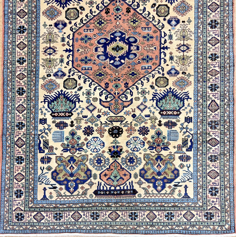 Ardebil Vintage Tribal Geometric Hand Knotted Wool Rug 6x9 Ivory Oriental Boho gallery