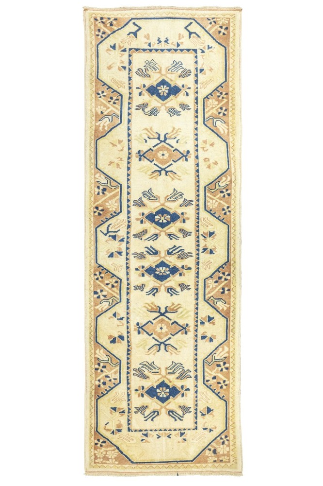 Hand-Knotted Turkish Oushak Runner 2.9x8.5 ft – Ivory Blue – Quiet Luxury Rug