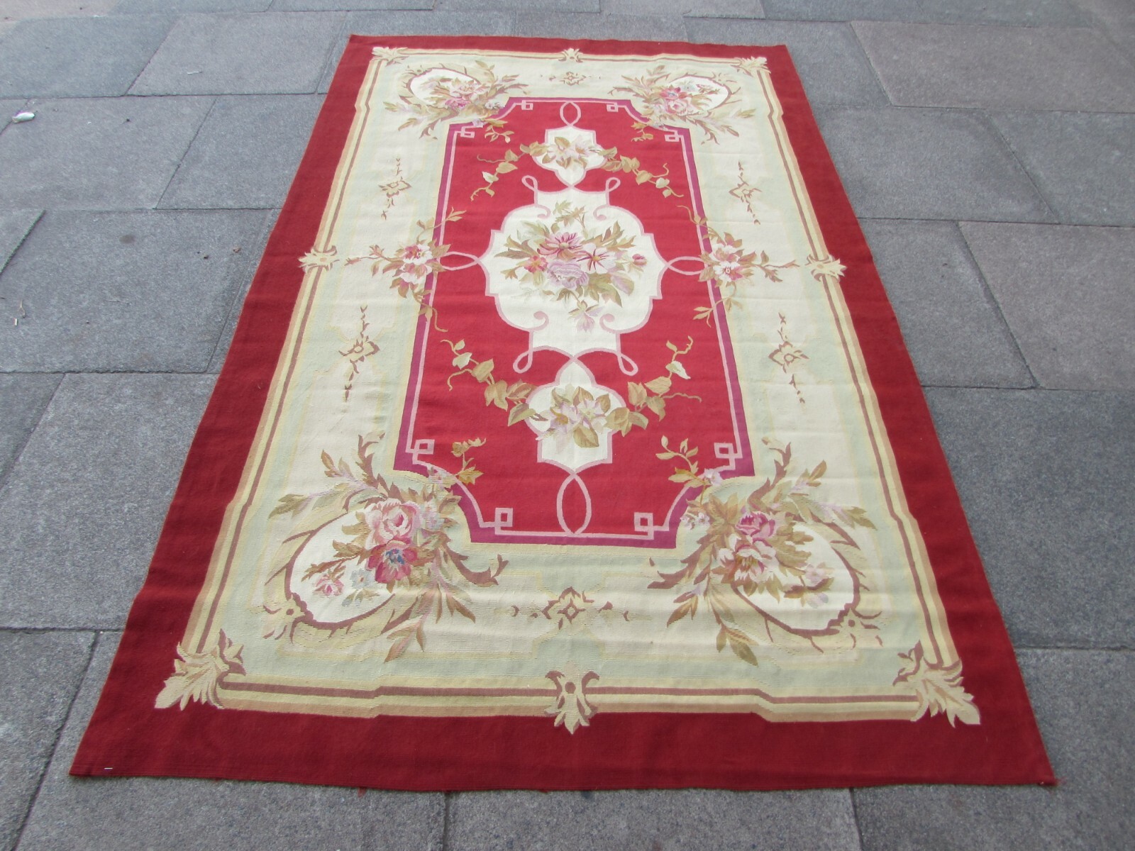 Vintage Hand Made French Design Wool Red Green Original Aubusson 253X141cm gallery