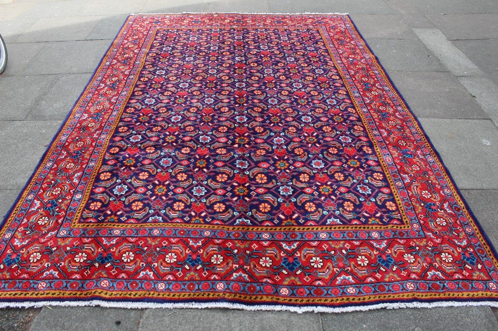 Vintage Hand Made Traditional Oriental Wool Blue Red Large Long Rug 293x197cm