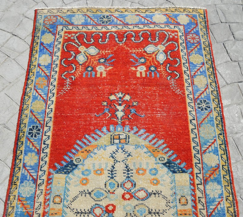 Vintage Turkish Rug, Hand-Woven Wool, Organic Dye, Short Runner 3x7 ft Approx gallery