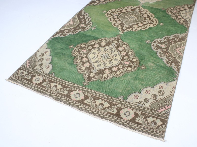 Vintage Turkish Runner 3.6x12.2 ft | Handmade Wool Green Hallway Rug | 110x372cm gallery
