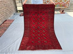 3’4 x 5’1 ft Vintage Turkmen Bukhara Rug Hand Knotted Red Wool Oriental Carpet