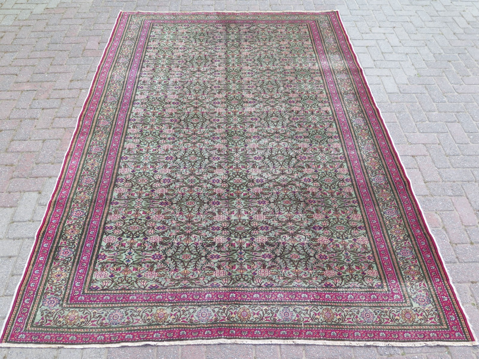 Vintage Turkish Carpet, Pink Green Rugs, Handmade Floor Wool Floral Rug 79"x112" gallery