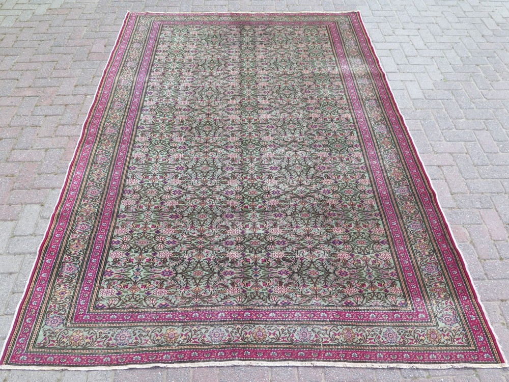 Vintage Turkish Carpet, Pink Green Rugs, Handmade Floor Wool Floral Rug 79"x112"