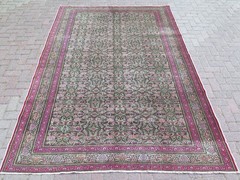 Vintage Turkish Carpet, Pink Green Rugs, Handmade Floor Wool Floral Rug 79″x112″