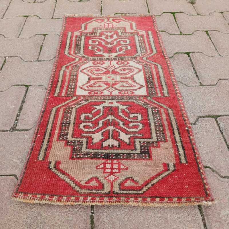 Red Beige 1x2 Vintage Turkish Wool Rug For Entryway Bedside - Tariff Free gallery