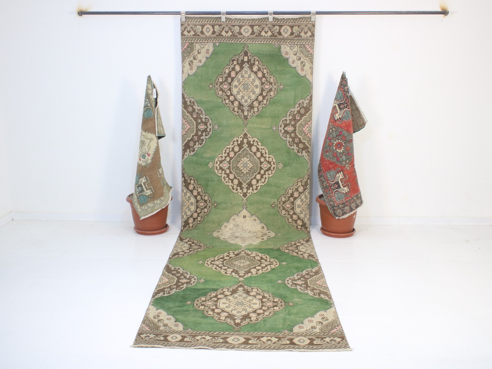 Vintage Turkish Runner 3.6x12.2 ft | Handmade Wool Green Hallway Rug | 110x372cm gallery